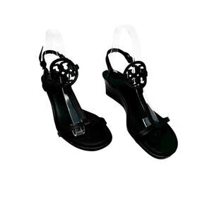 Tory Burch Miller Wedge Heels Sandals Black Leather Logo Sandals Size 8.5